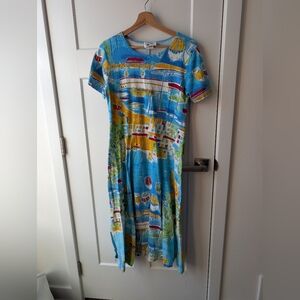 Laguna B Blue Multicolor Scenic Print Midi Dress